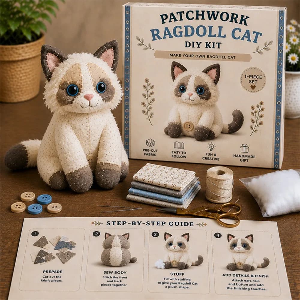 Handmade Patchwork Cat Kit Step by Step Guide Pre Cut Fabric DIY Sewing Kit Buttons Included Stuffing Included Cat Sewing Kit