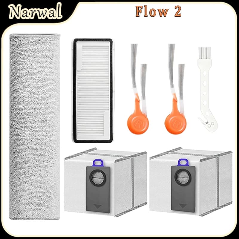 For Narwal Flow 2 Robot Vacuum Accessories:Side Brush,HEPA Filter,Dust Bags,Track Mop Cloth Replacement Parts