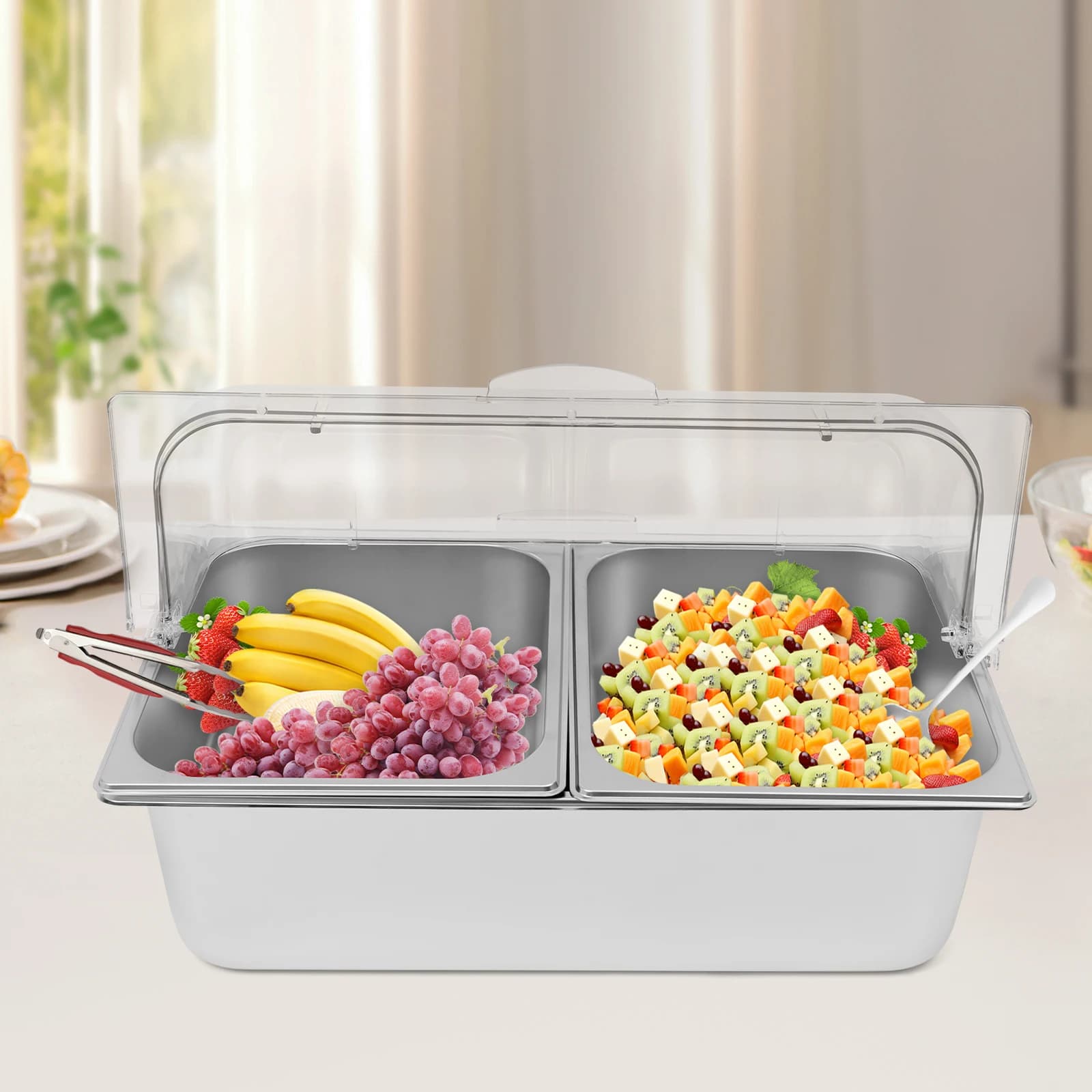 Vassoio di Servizio in Acciaio Inox a Doppio Scomparto con Coperchio Ribaltabile e Contenitore Refrigerante, Contenitore per Alimenti 2-in-1 per Mantenere la Freschezza