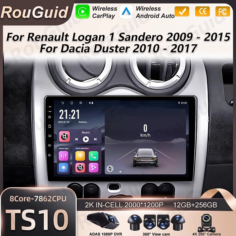 Autoradio Android Auto Carplay per Renault Logan 1 Sandero 2009-2017 Largus Dacia Duster, Lettore Multimediale GPS DSP