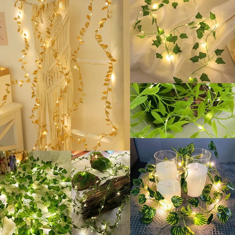 6 stili scatola batteria verde foglia di vite ghirlanda luce natale giardino esterno decorazione di nozze Navidad foglie di salice lascia d'oro