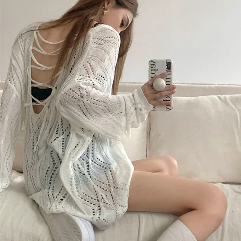 Fashion Summer New Women's Clothing Knitwear Hollow Women's Long-sleeved Shirt Back Lace-up Solid Color Knitwear Loose Blouse