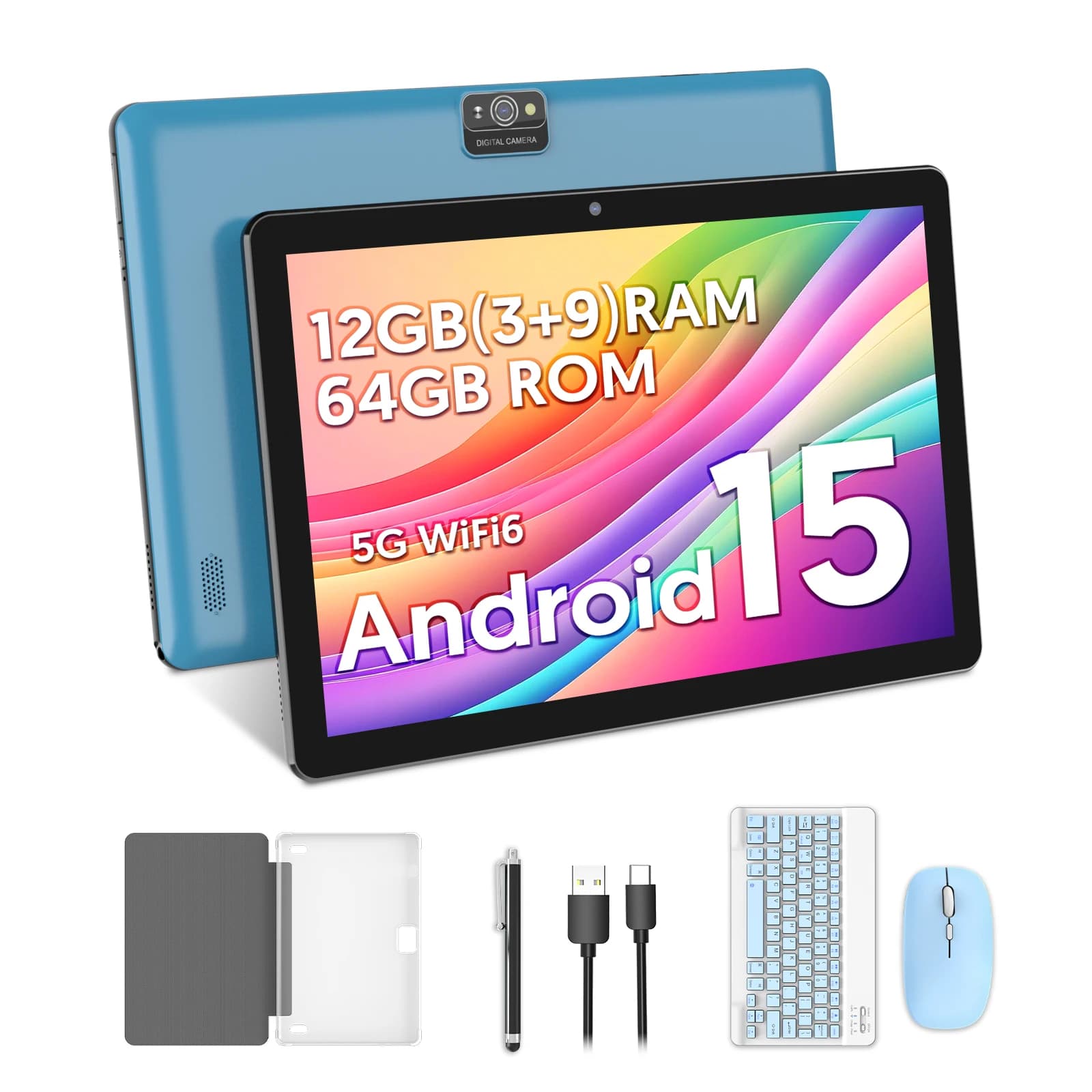 Tavoletta BAKEN da 10 pollici, Android 15, processore quad-core, 64 GB di RAM, memoria espandibile da 1 TB, doppi altoparlanti, set tastiera e mouse