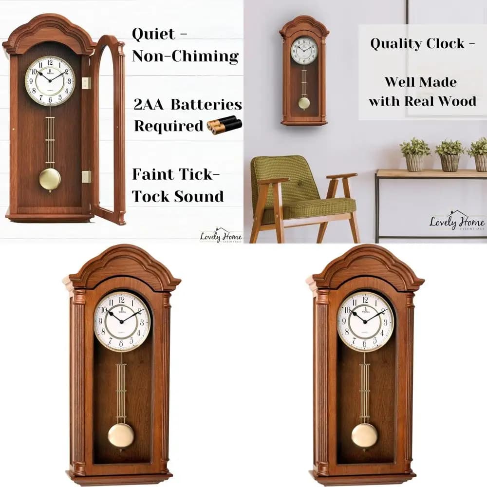 Orologio a Pendolo da Parete in Legno 26 Pollici - Grande, Silenzioso, a Batteria, Stile Nonno per Arredamento Casa e Ufficio