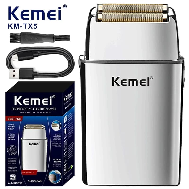 Rasoio Elettrico Ricaricabile Kemei KM-TX5 Premium con Doppia Rete in Lega di Alluminio, Rasoio a Movimento Alternato e Tagliacapelli