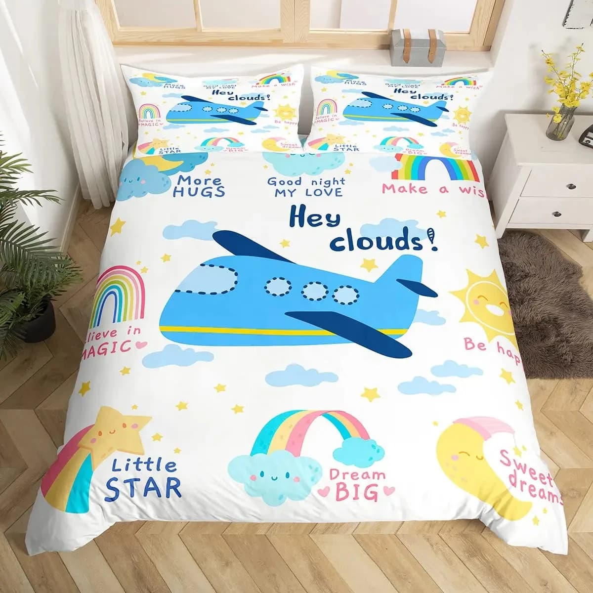 Cartoon Airplane Duvet Cover Set Twin Queen Aircraft Bedding Set,Flying Plane Comforter Cover For Boys Teens Adult Room Decor