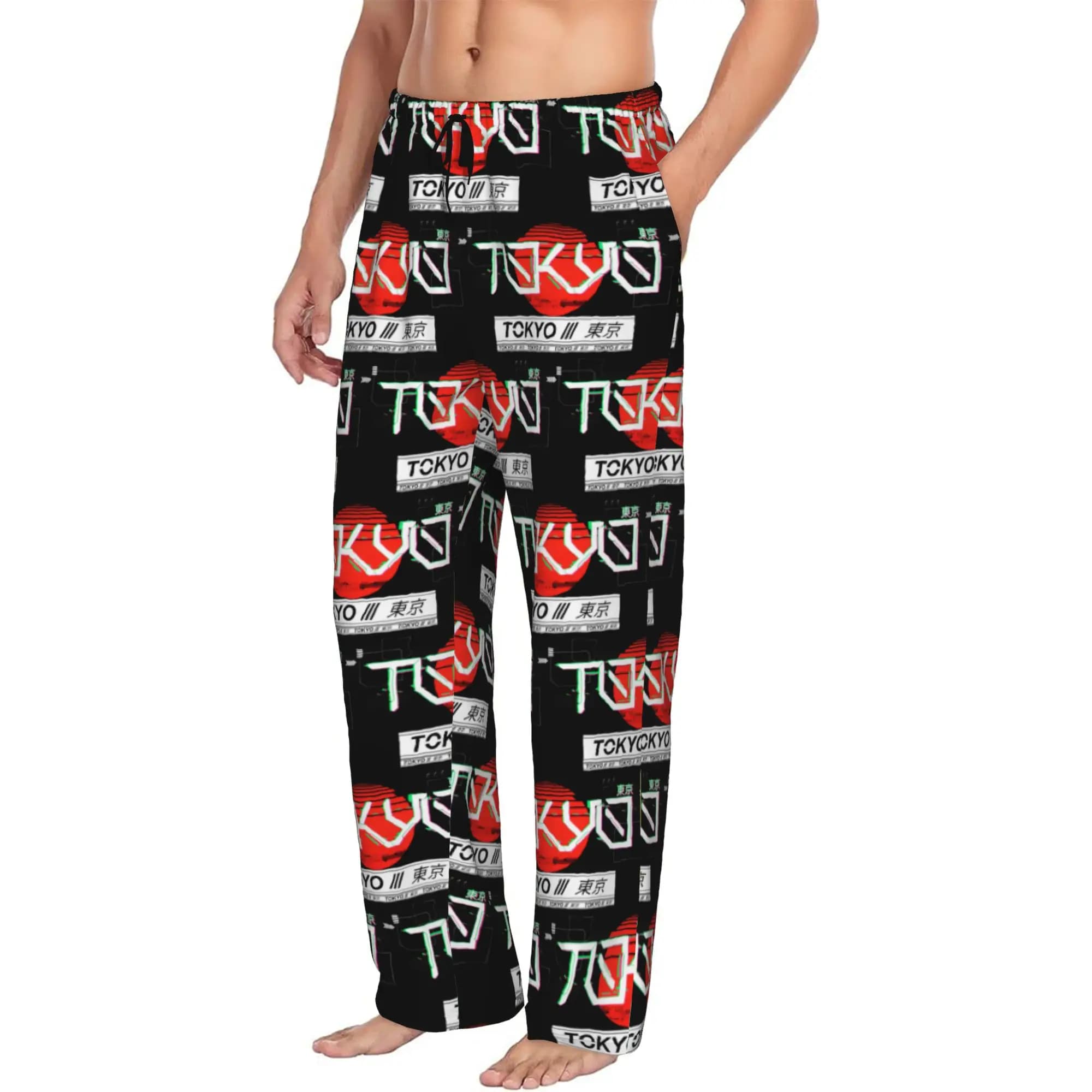 Custom Print Men Japanese Techwear Futuristic Symbol Pajama Pants Sleepwear Sleep Lounge Bottoms with Pockets