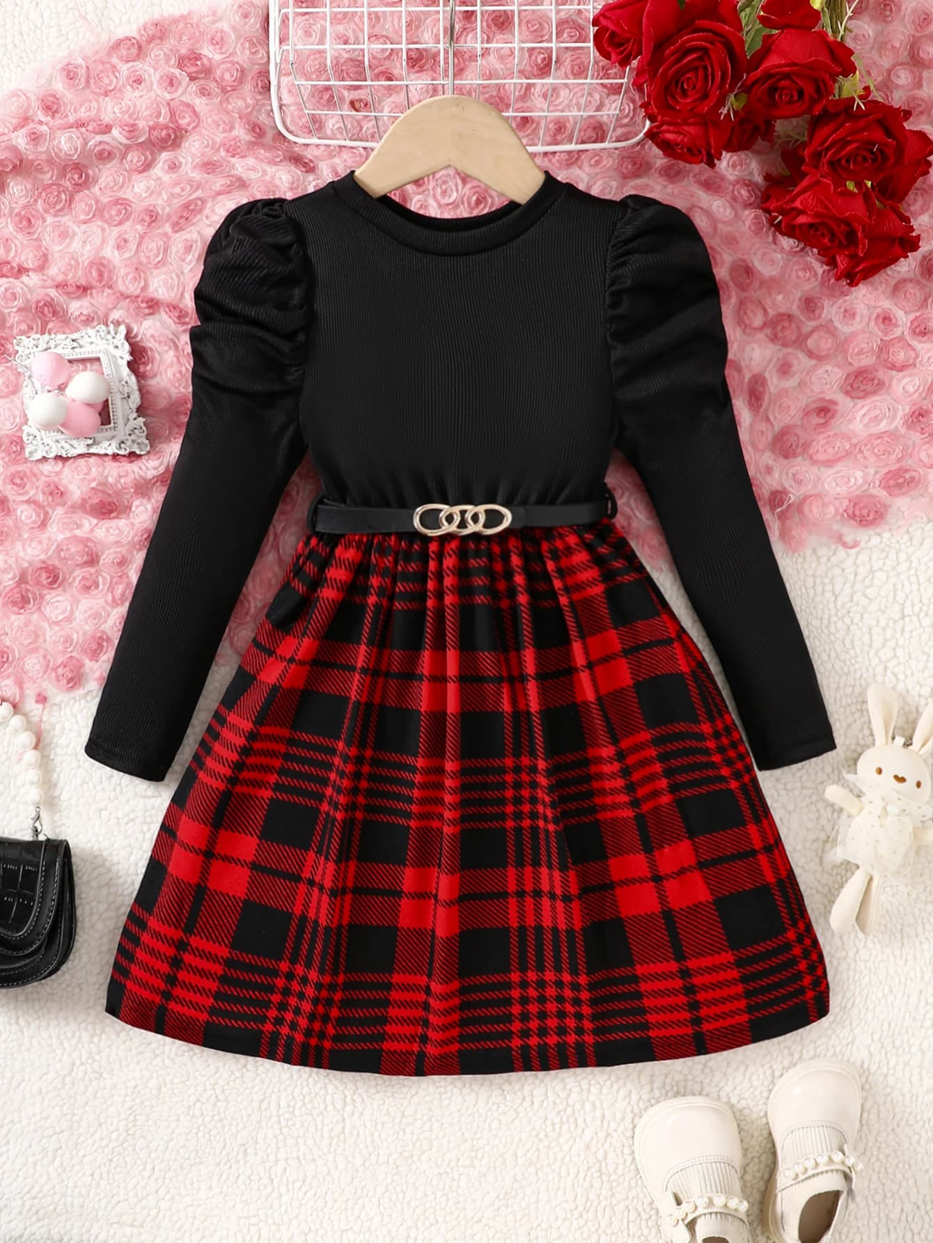 Girls' Casual Fashion Knitted Round Neck Long Sleeve Puff Sleeve Plaid Dress Party Gathering Gift with Belt