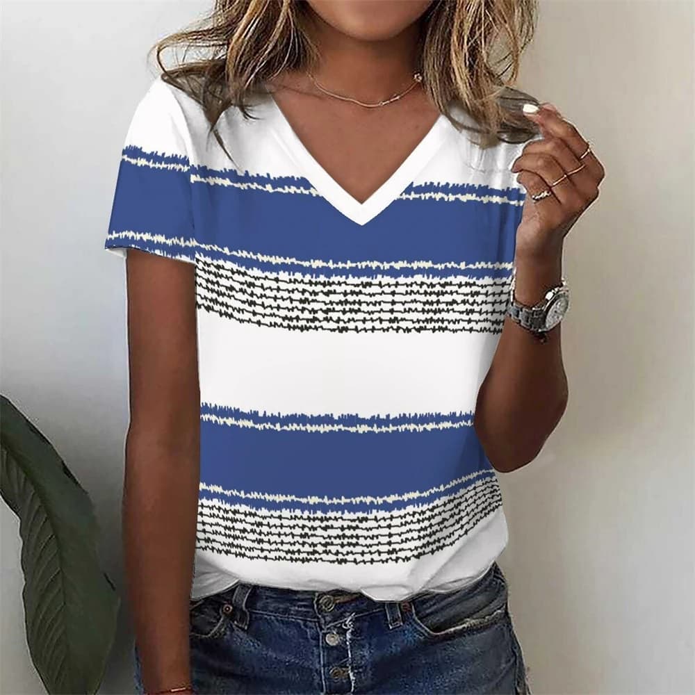 New Fashion Simple Stripe 3D Stampa T-shirt da donna con scollo a V manica corta T-shirt Y2K Tee Harajuku oversize Top Abbigliamento femminile