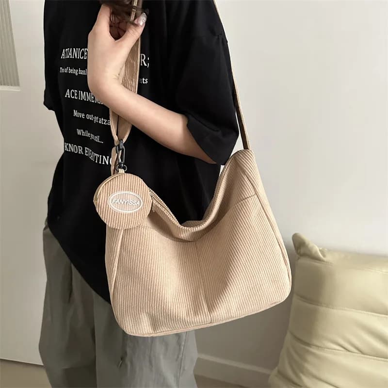 Large Capacity College Girls Simple Book Shoulder Bag Soft Corduroy Female Crossbody Bags Solid Colour Ladies Tote Purse Handbag