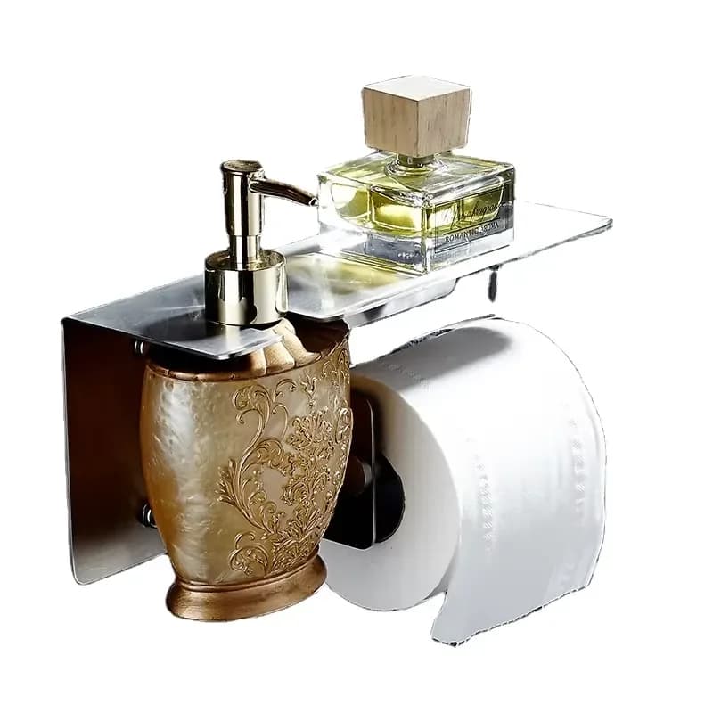 Stainless Steel Wall Mounted Toilet Paper Holder and Soap Dispenser Modern Luxury Bathroom Accessories Metal Manual Liquid