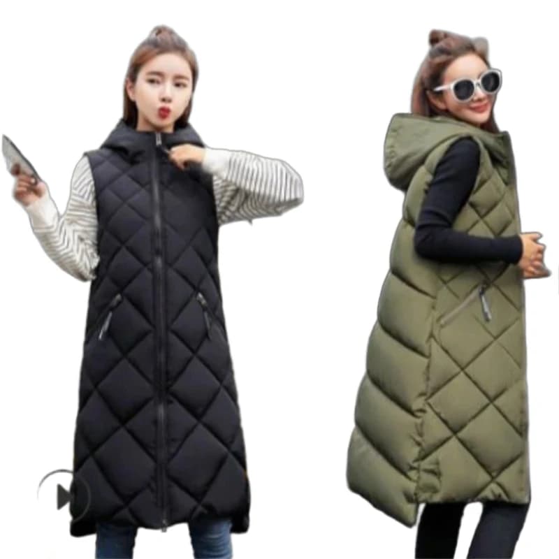 Women's Winter Coats 2026 Long Hooded Puffer Vest Diamond Quilted Sleeveless Down Cotton Waistcoat Korean Style Loose Outerwear