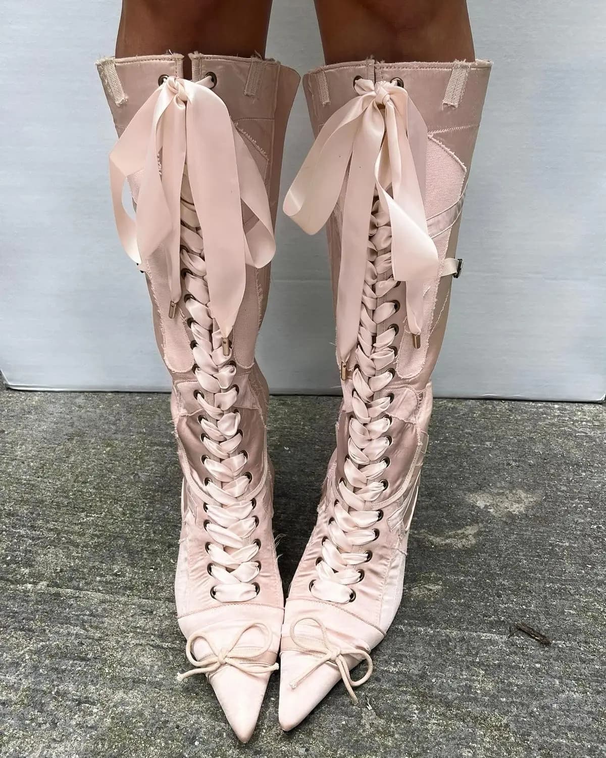 Women's Knee Boots With Pink Butterfly Clasp High Heels Design With Laces Fashionable Women's Shoes Large