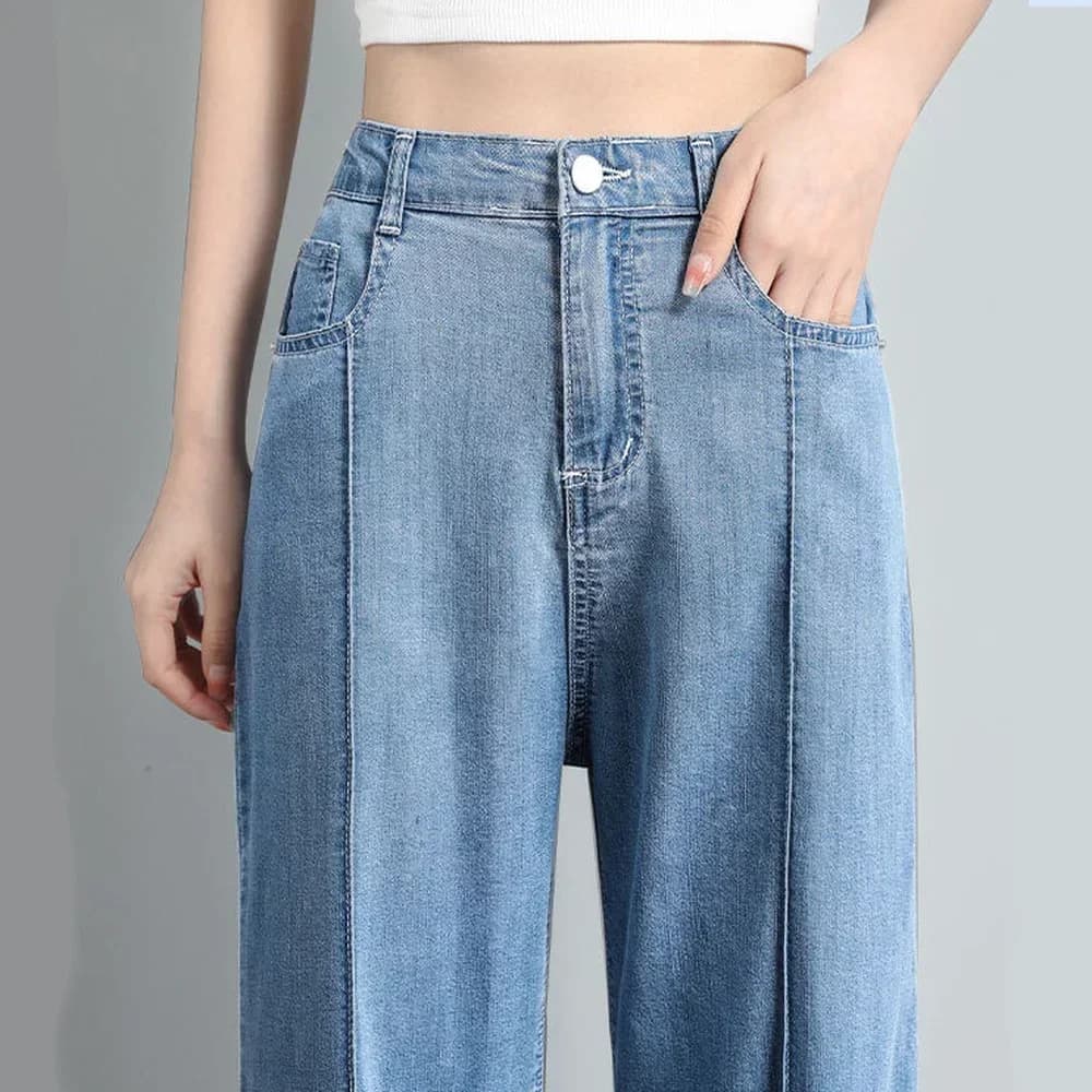 Jeans morbidi coreani donna estate Ultra-sottile a vita alta dritto drappo pantaloni in Denim di seta di ghiaccio giovani semplici pantaloni Casual a gamba larga