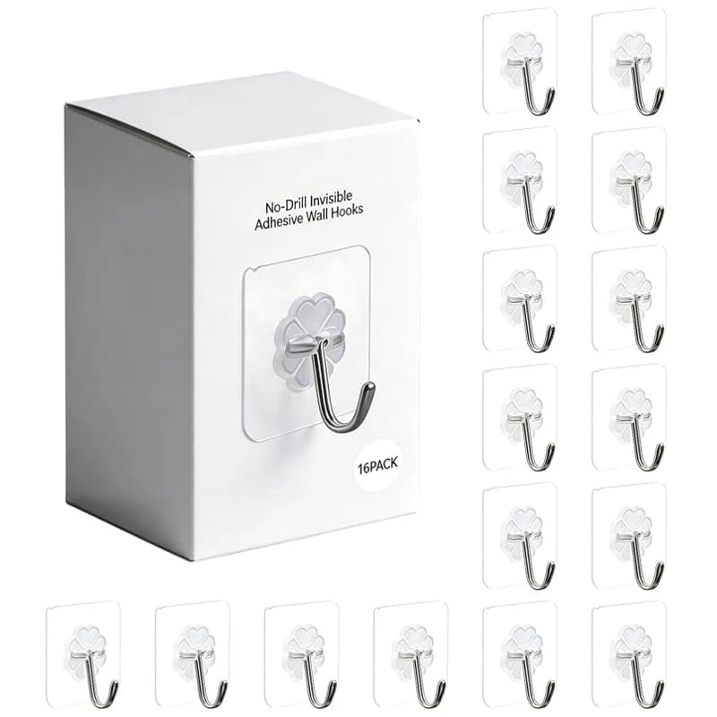 16Pcs Clear Adhesive Hooks Heavy Duty 22lb Wall Hooks No Drill Waterproof Bathroom Kitchen Shower Towel Keys