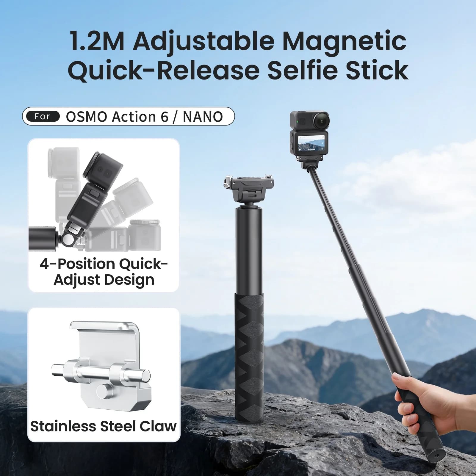 For DJI OSMO Action 6 /NANO / OSMO 360/Action 5Pro /4/3 Selfie Rod Adjustable to Quick Hook Bidirectional Camera Accessories