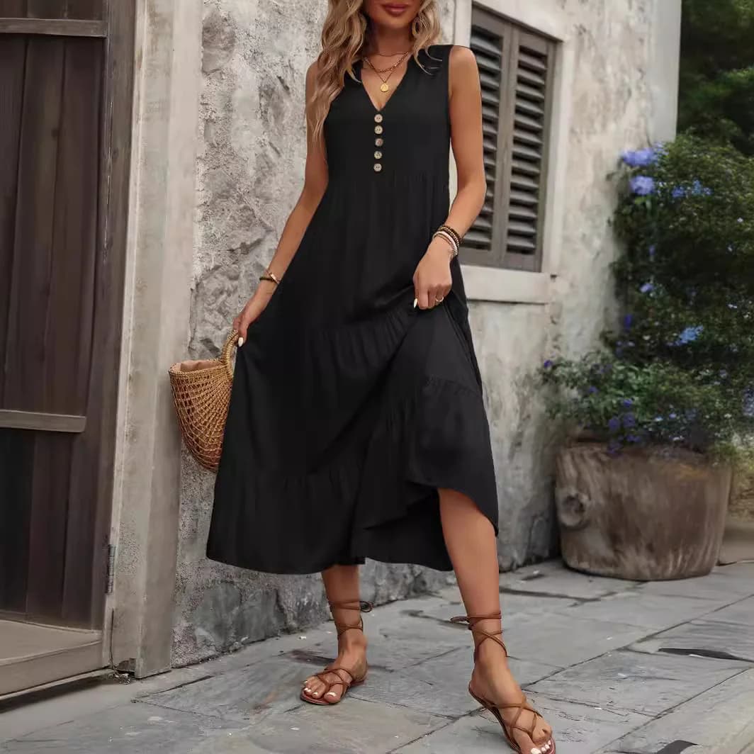Abito longuette estivo casual Donna senza maniche Canotta con scollo a V Bottoni Volant Abiti larghi Beach Soild Vestito estivo Abito da donna di nuova moda