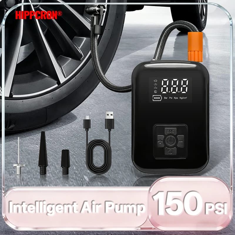 HIPPCRON Compressore d'Aria Wireless per Auto, Gonfiatore Elettrico Portatile Intelligente con Display Digitale per Auto, Moto, Biciclette e Barche