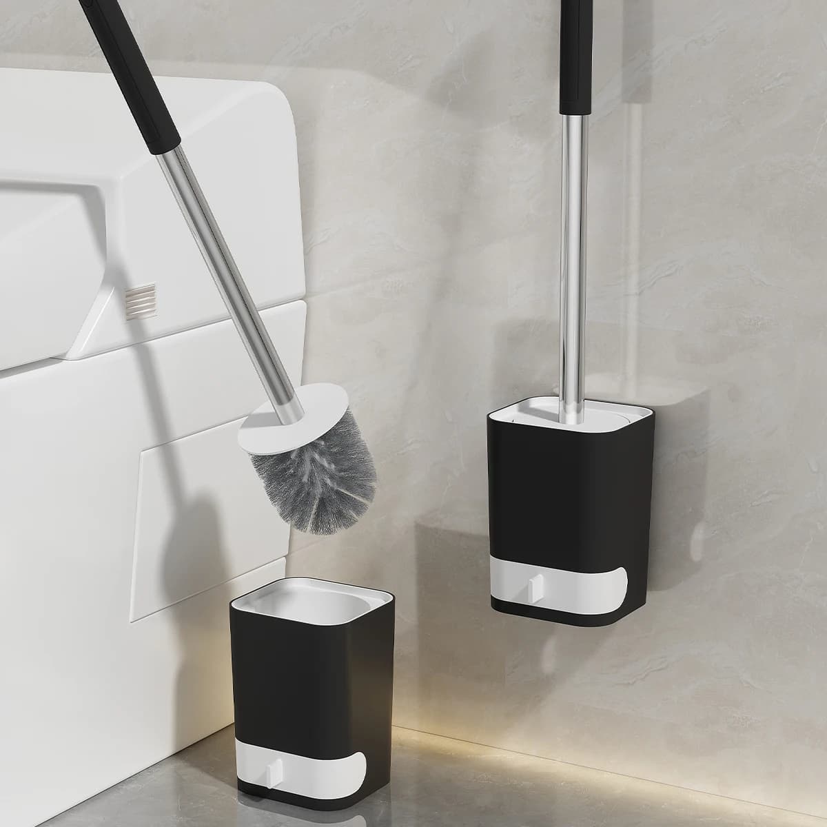 Spazzola per WC da Parete Senza Foratura con Base Drenante, Manico Lungo in Plastica, Accessori per la Pulizia del Bagno