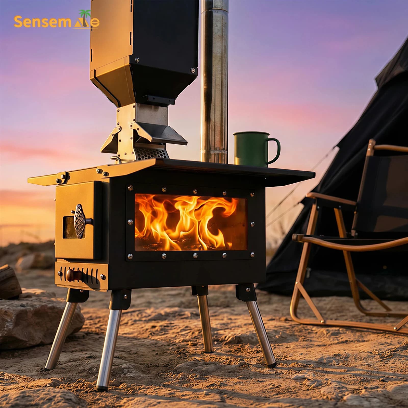 Stainless Steel Camping Pellet Stove, Wood Stove with Fumaria Canna Foldable, Wood burner Portable for Open Kitchen and Heating Tent