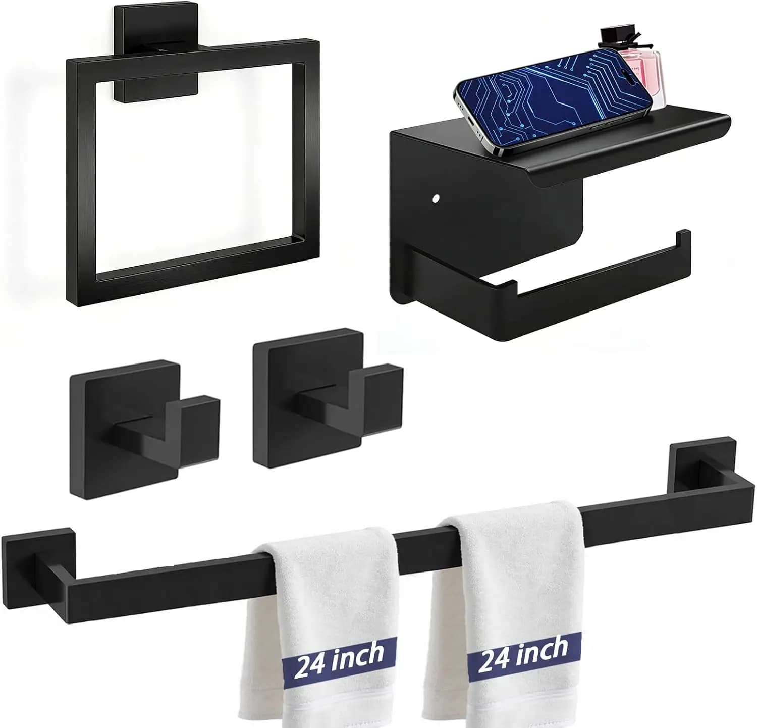 Set di Accessori per Bagno da 24 Pollici, Set di 5 Pezzi Portasciugamani Nero Opaco con Mensola, Barra Portasciugamani e Ganci in Acciaio Inox da Parete