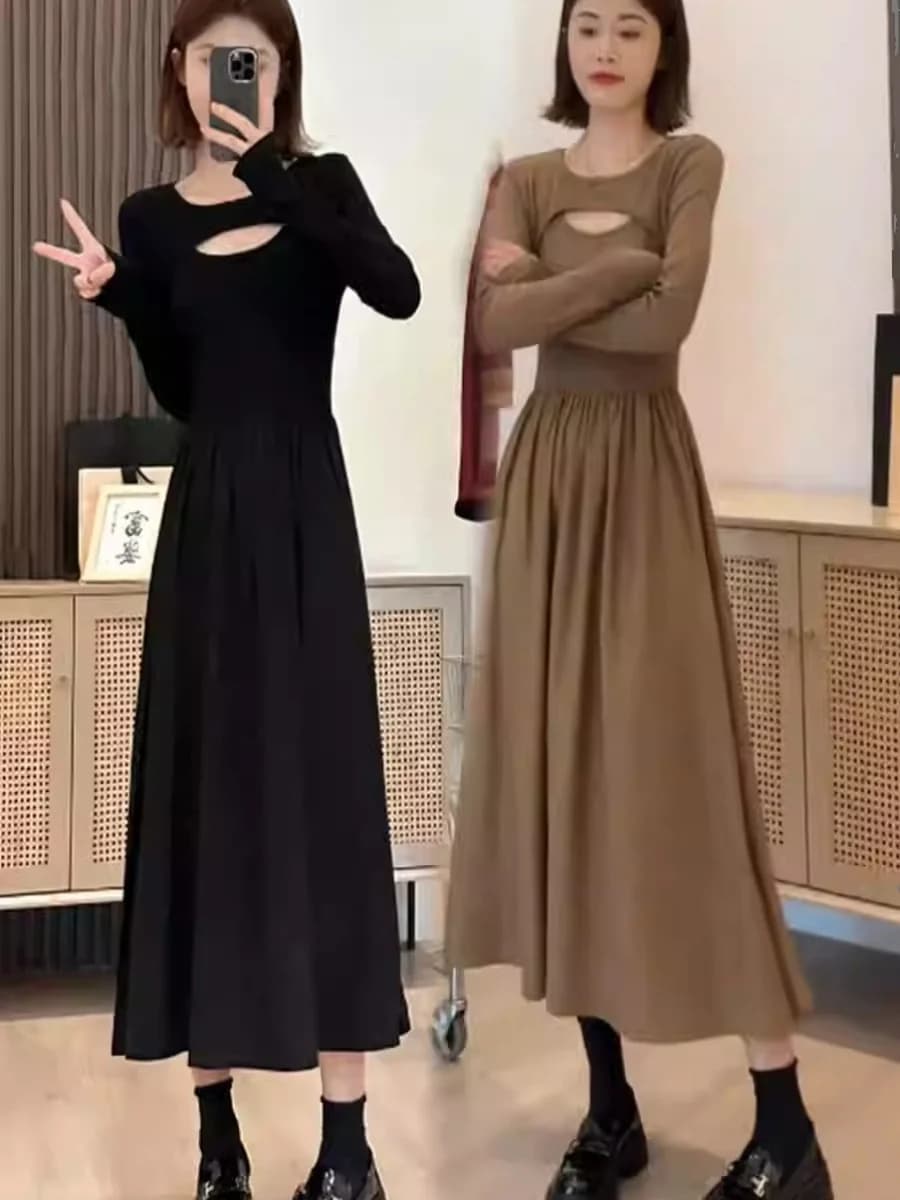 Elegante Abito a Maniche Lunghe Autunno Primavera, Gonna a Vita Alta Linea A, Tessuto in Poliestere, Scollo Rotondo, Abbigliamento Femminile alla Moda