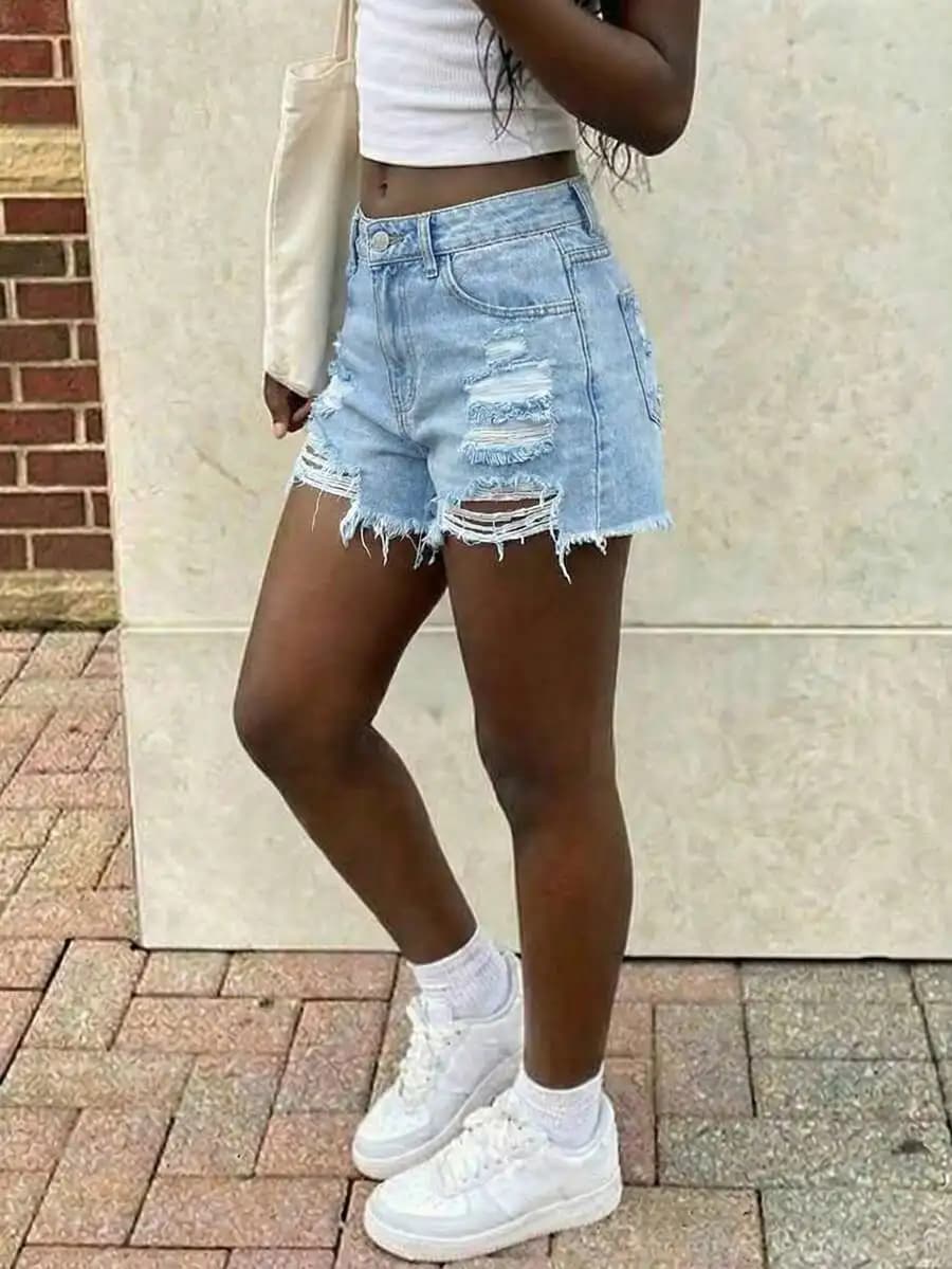 Womens Casual Loose Straight Leg Distressed Denim Shorts Summer