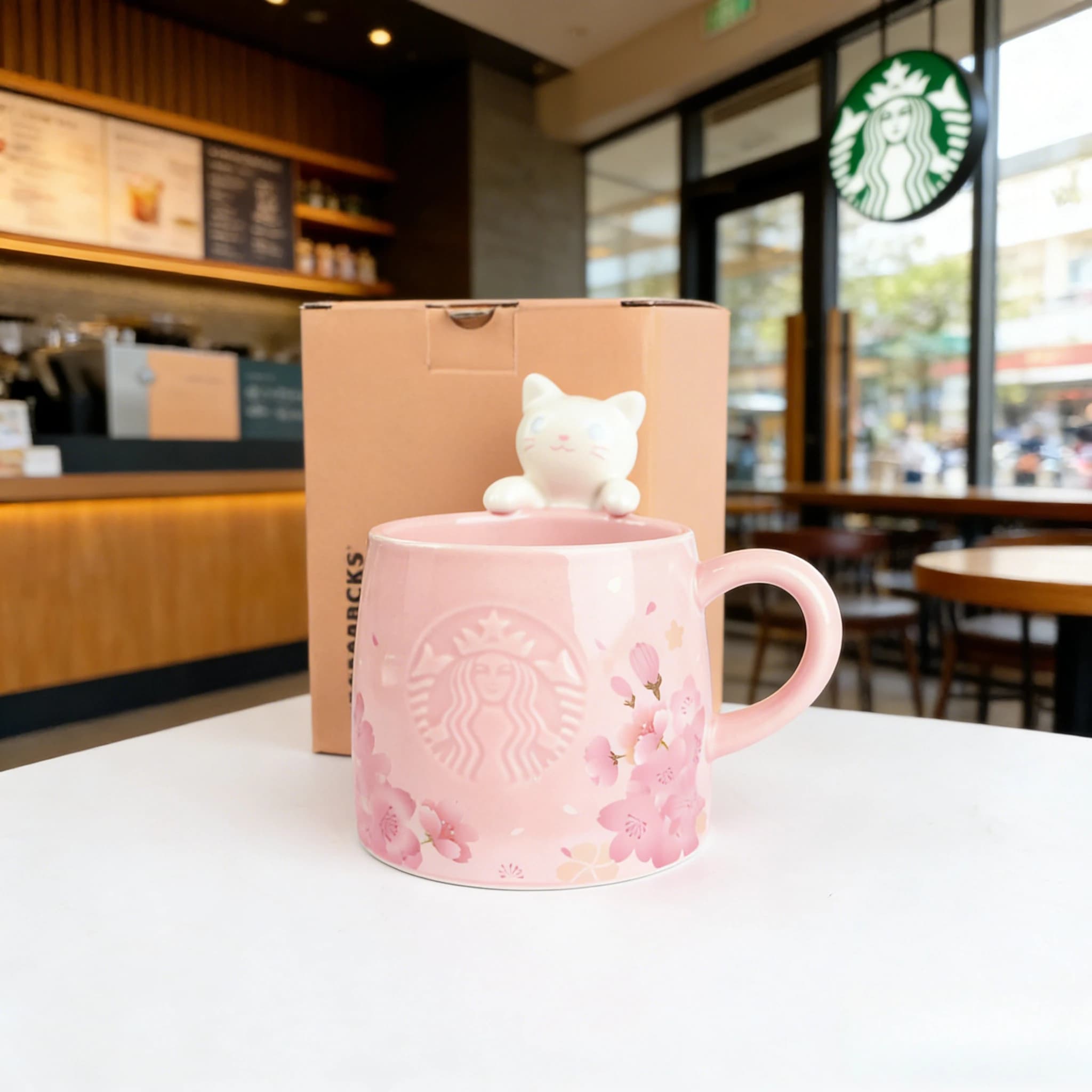 Tazza Starbucks Sakura con Gatto Curioso 355ml, Tazza in Ceramica Rosa da Collezione, Articolo per Bevande Primaverili