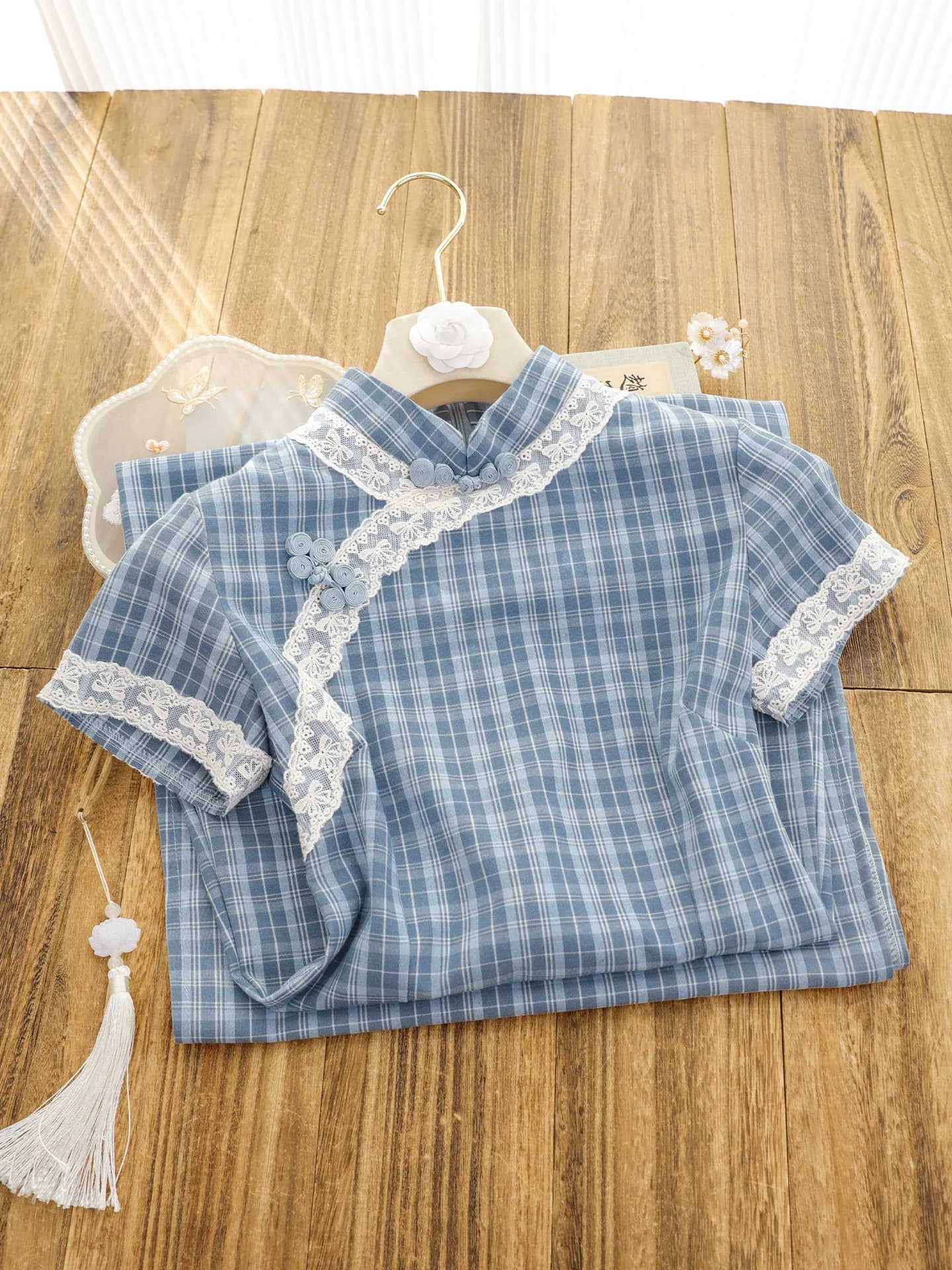 Blue Plaid Qipao Young Women's Business Wear Spring 2026 Charming Fish New Chinese Style Long Dress Short Sleeve Breathable