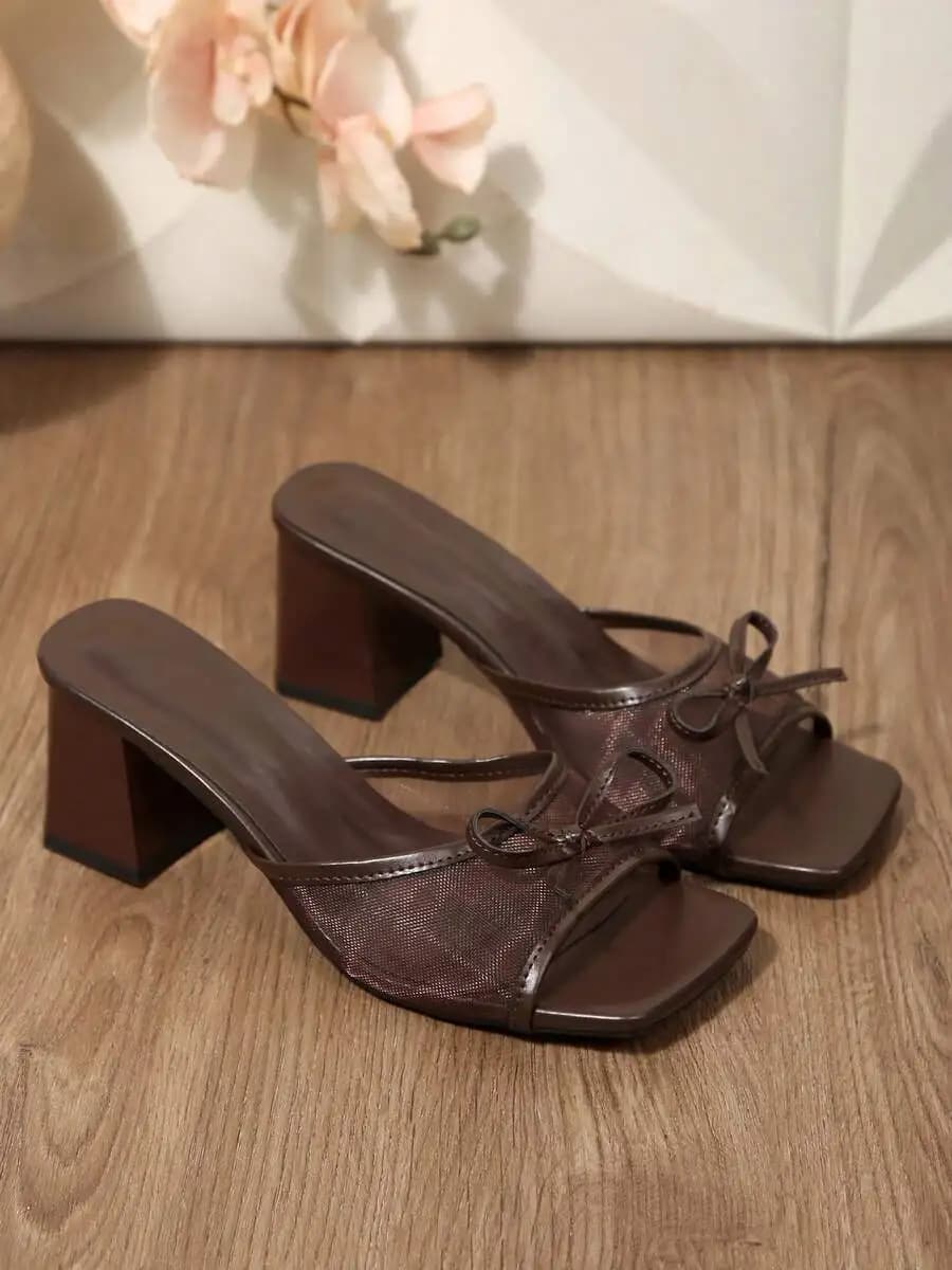 Womens Chunky Heel Mules With Bow Square Toe Slip-On Sandals