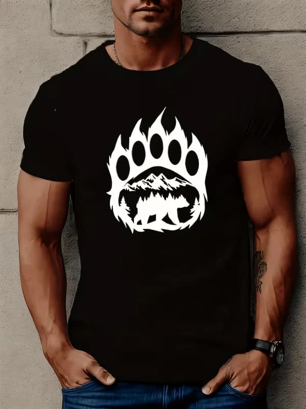 Men's Streetwear Graphic T-Shirt Bear Paw Flame Mountain Print Casual Short Sleeve Crew Neck Cotton Tee Summer Fitness Top