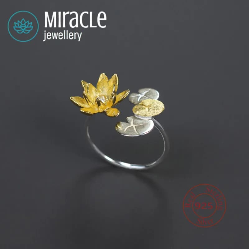 Anello aperto artistico Miracle in argento sterling 925 dal design originale, poesia estetica leggera, lusso, Monet, stagno, gigli d'acqua