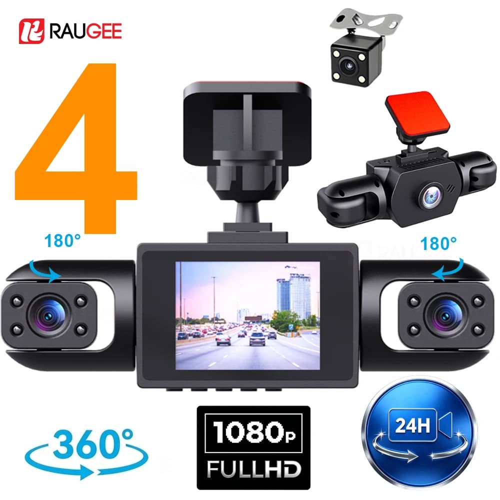 Dash Cam per Auto HD con Registrazione 24H, Telecamera per Auto con Visione Notturna, Registratore Video Grandangolare a 4 Canali DVR per Anteriore e Posteriore