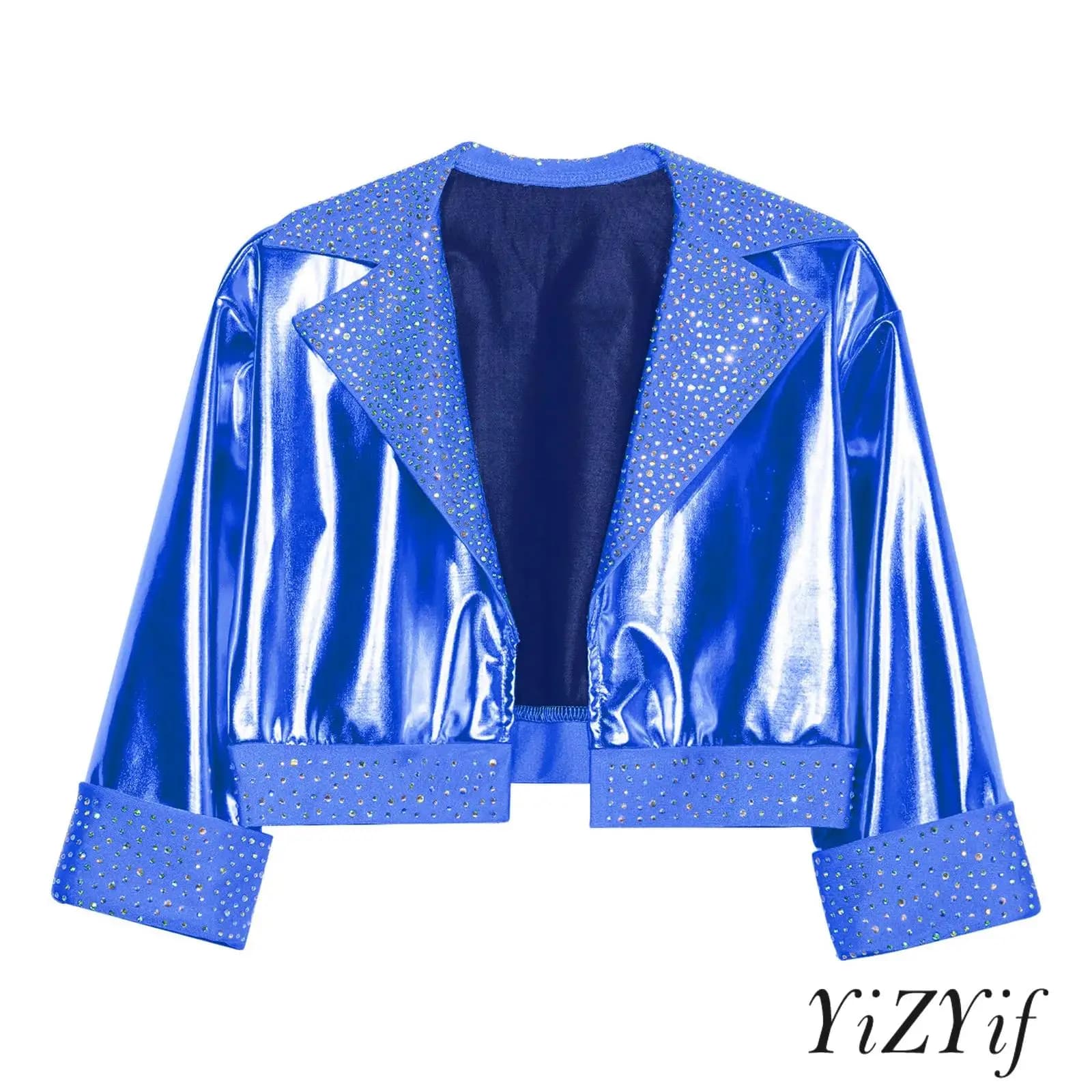 Kids Girls Jazz Street Dance Top Outerwear Lapel Collar Long Sleeve with Shiny Rhinestones Metallic Jacket Disco Dancewear