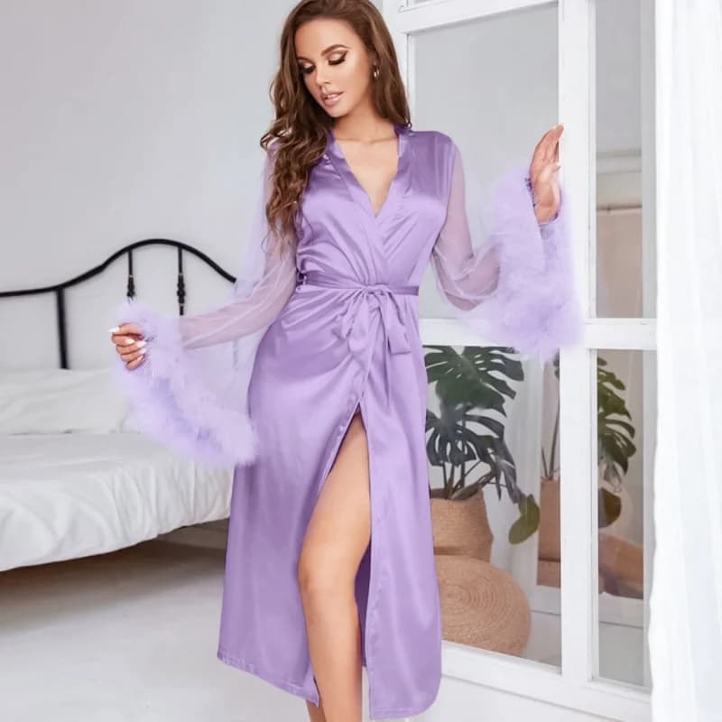 Feather Trim Robe for Women, 1-Piece Silky Bathrobe, Cooling & Breathable, Lightweight Skin-Friendly Fall Winter Home Loungewear