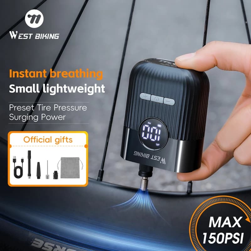 Pompa per Bicicletta WEST BIKING, Mini Pompa Elettrica 150 PSI, Gonfiatore Portatile per Pneumatici con Display Digitale della Pressione