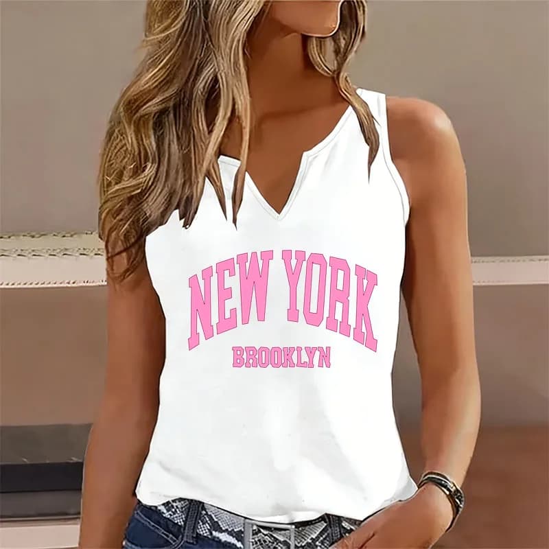 BROOKLYN NEW YORK T-shirt senza maniche con scollo a V, gilet casual alla moda, t-shirt da donna a maniche corte con scollo a V