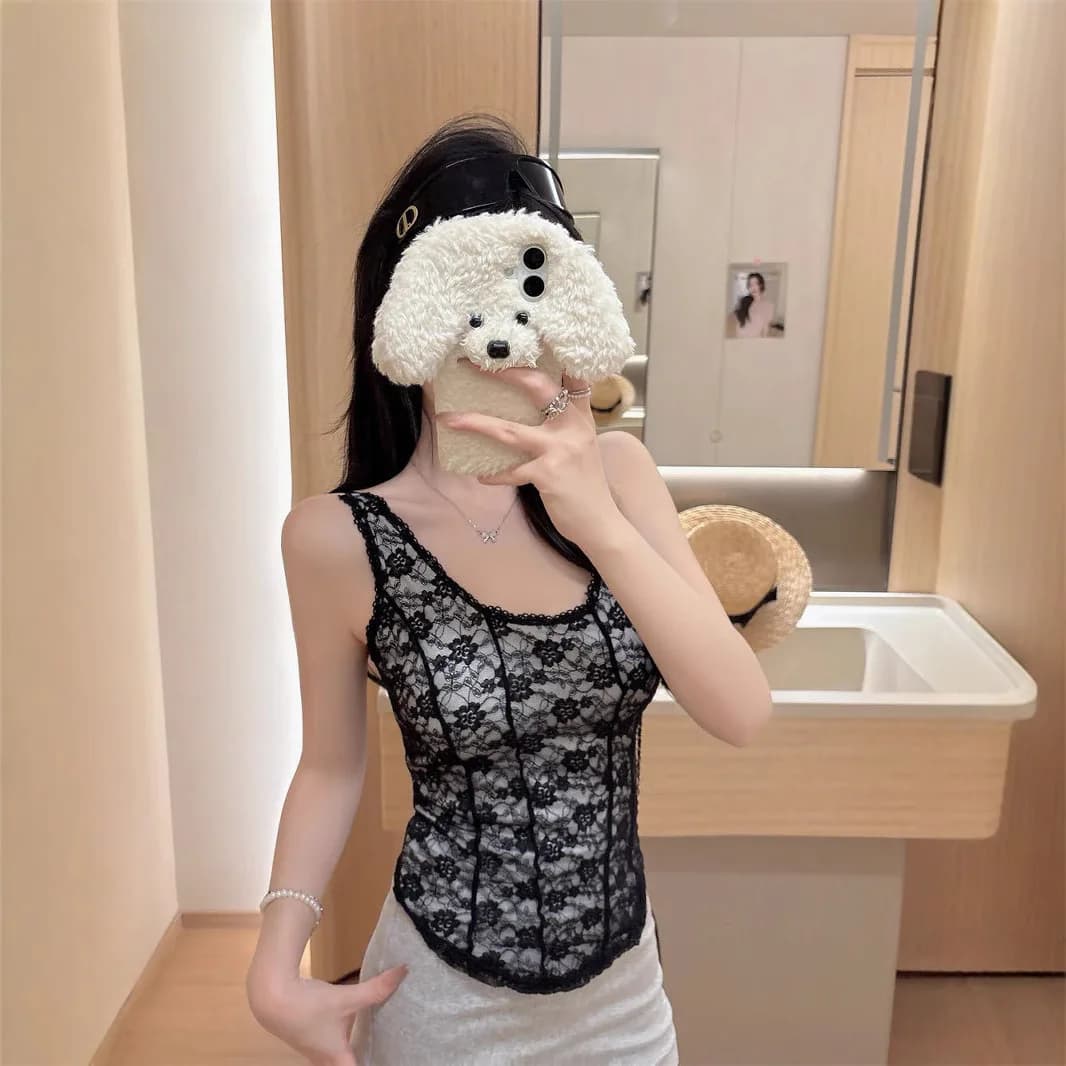 Summer Sexy Lace Slim Fit Strap Vest Backless Versatile Design Integrated Chest Pad Cotton U-Neck A-Line Narrow Strap Vest