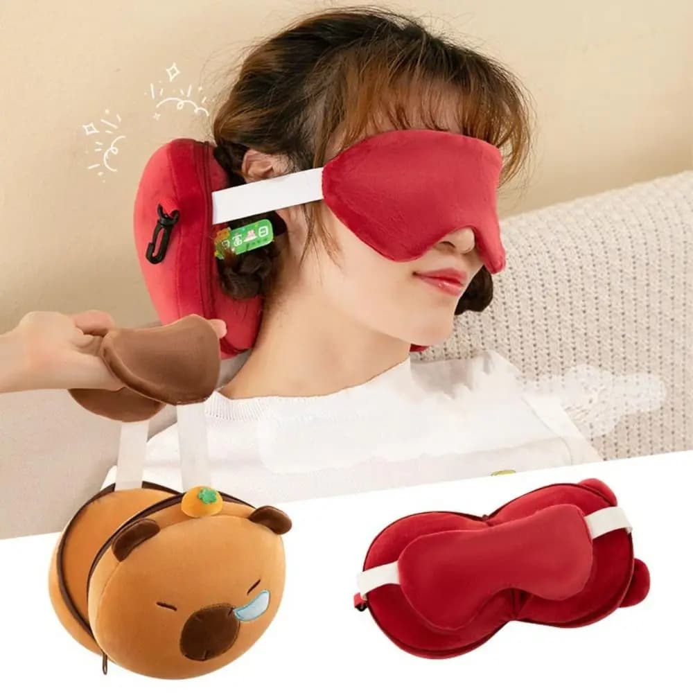 Nuovo Cuscino da Viaggio 2 in 1 in Velluto Multifunzionale con Mascherina per Occhi a Forma di U per Riposo e Sonno in Ufficio