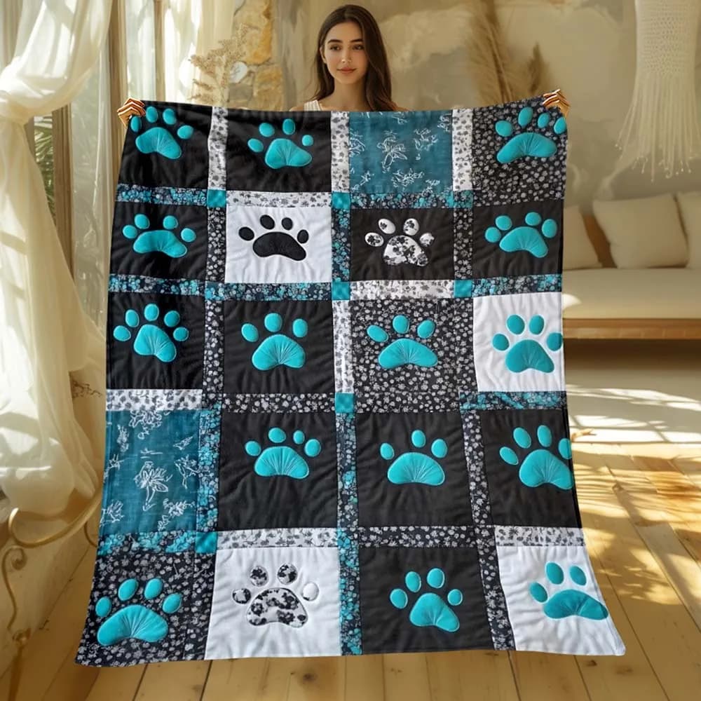 1pc Teal Paw Print Quilted Throw Blanket, Patchwork Dog Cat Paw Fleece Blanket for Pet Lovers Home Decor