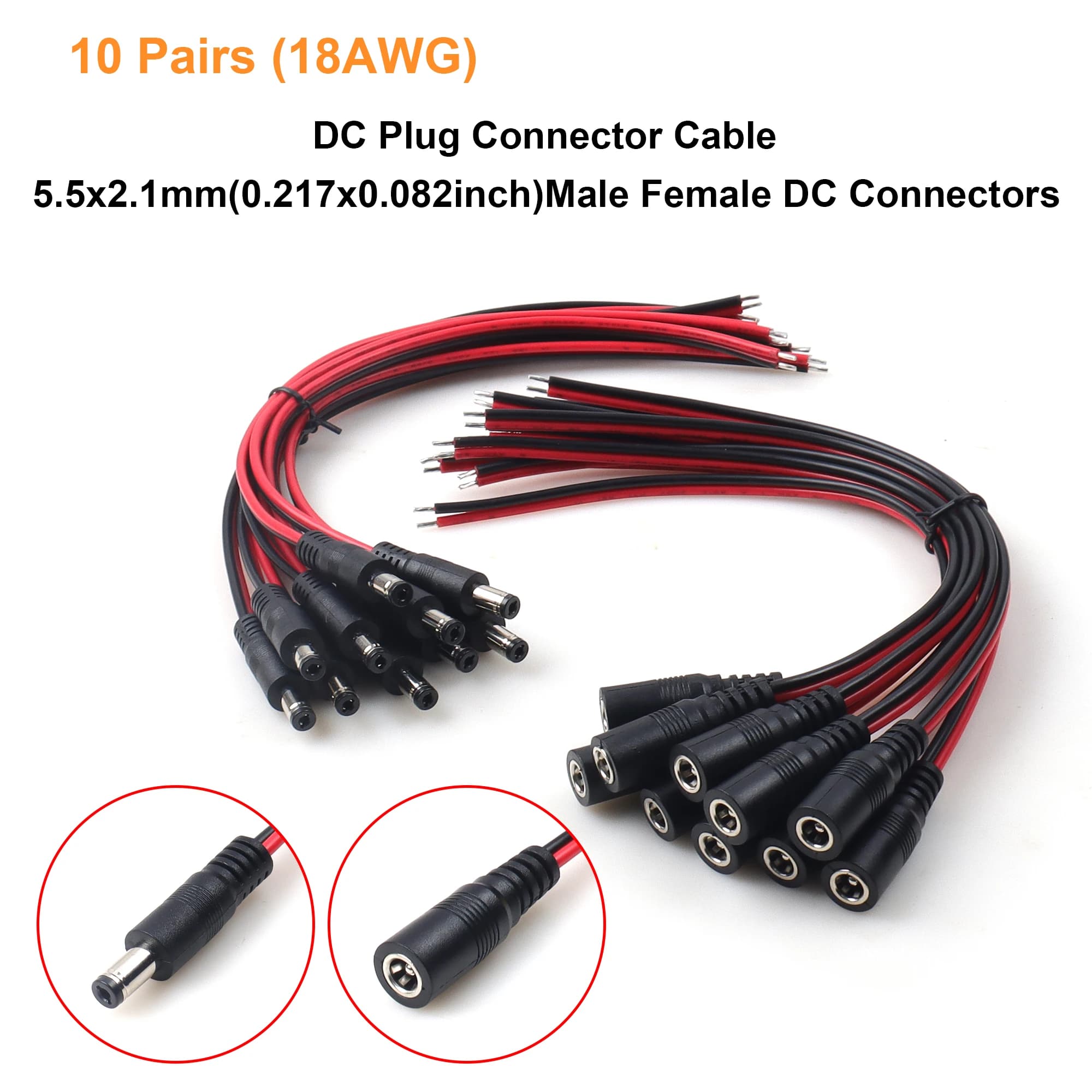 【LANO】1/5/10 Coppie di Cavi di Alimentazione DC Pigtail 5.5mm x 2.1mm Maschio e Femmina per Telecamere di Sicurezza CCTV, Illuminazione, Adattatore di Alimentazione Fai-da-te