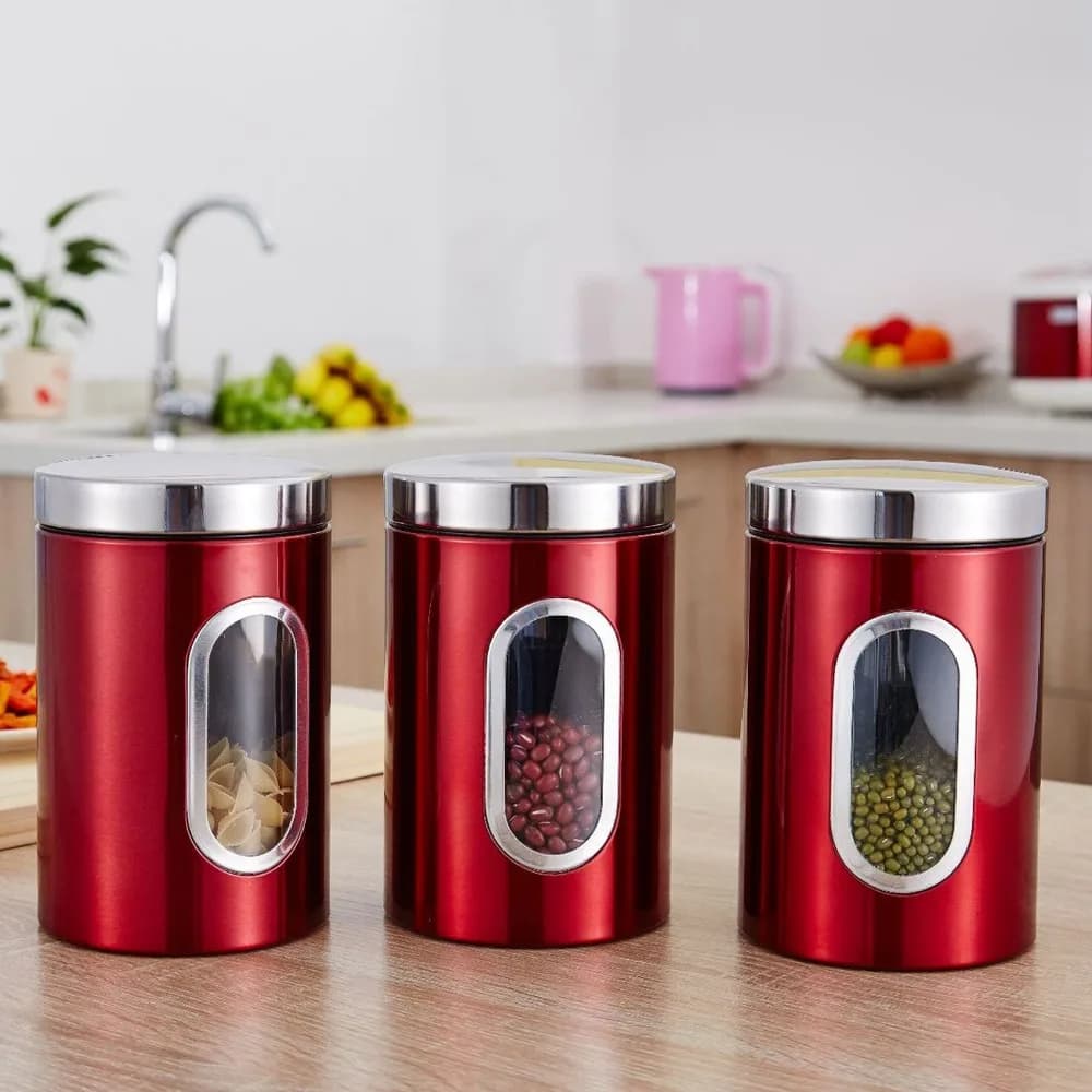 Set of 3 Containers Reusable for Food, Resistant and Colored Stainless Steel with Transparent Window, Kitchen Containers