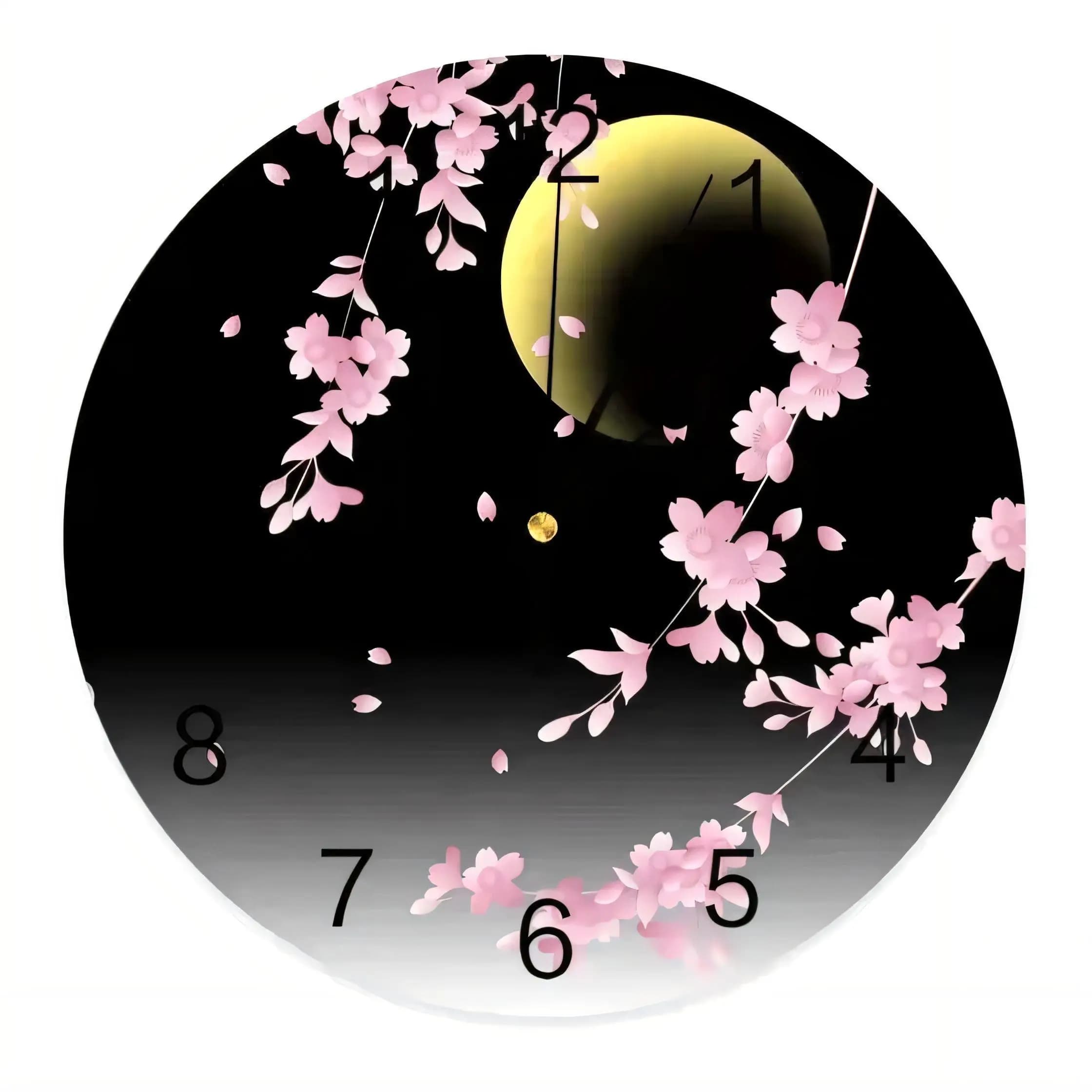 1:10 Moon Cherry Blossom Clock Wall Art Night Sky Decorative Home Office Silent Non Ticking Battery Operated