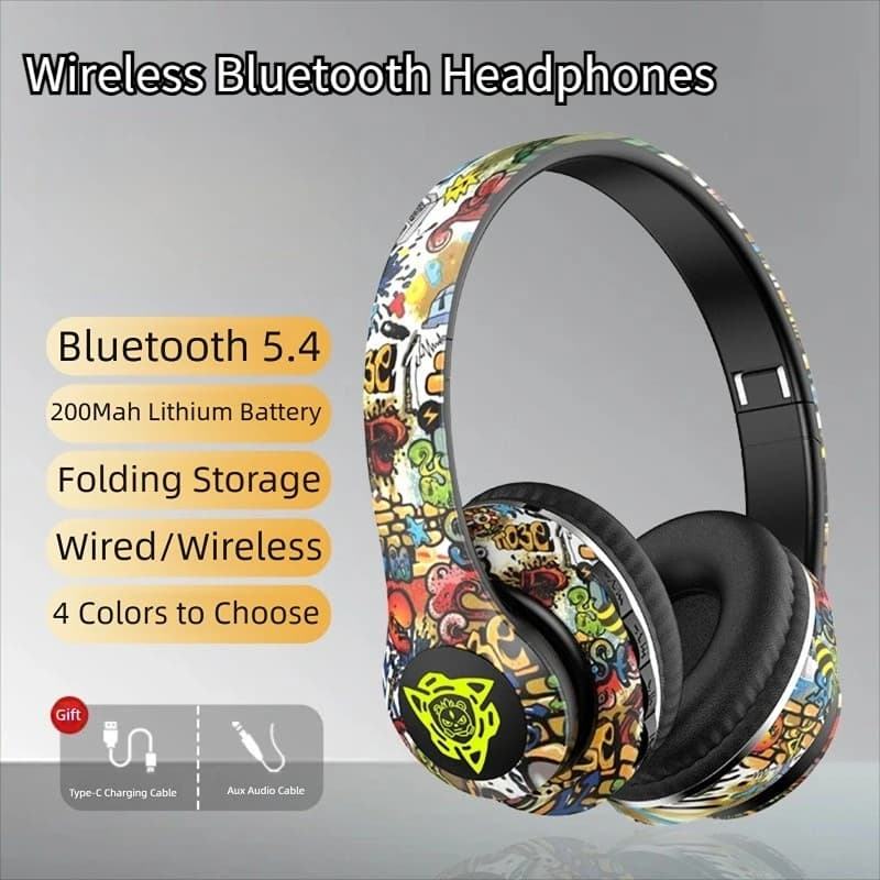 Cuffie Bluetooth wireless pieghevoli Graffiti Cuffie super bass con cancellazione del rumore Auricolari da gioco con supporto per microfono HD Scheda TF