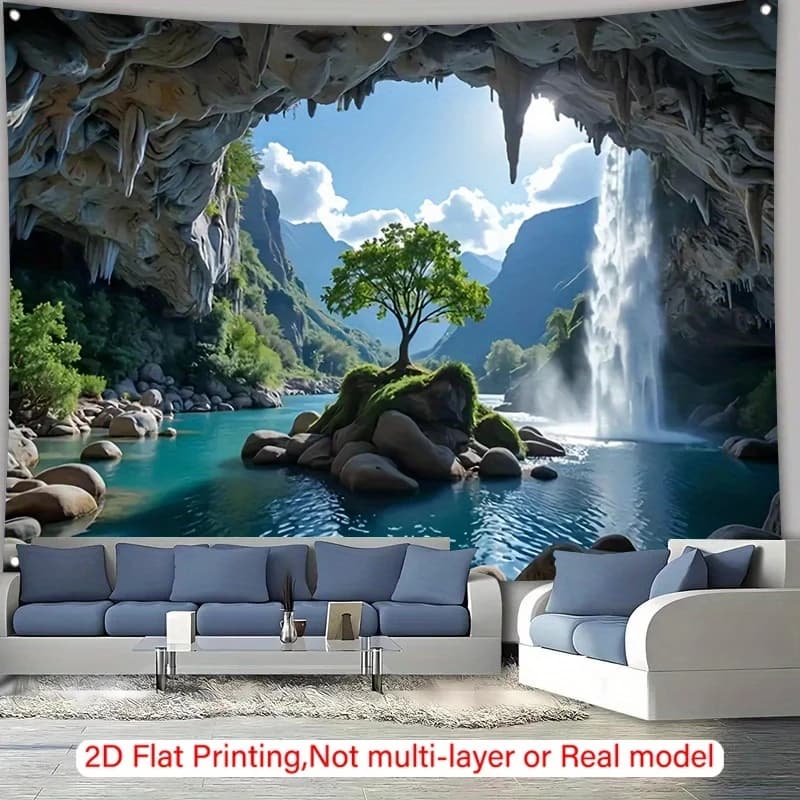 Cave Waterfall Background Scenery Tapestry Family Studio Party Wedding Polyester Wall Hanging Decoration