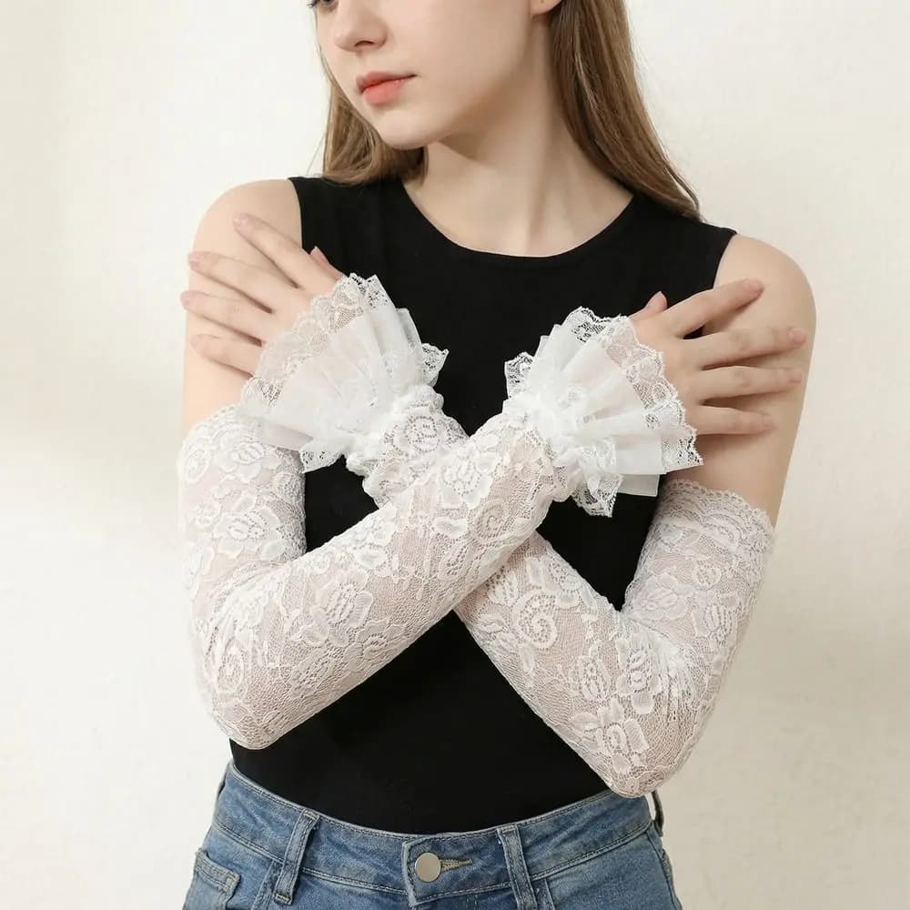 Sweet Elastic Lace Ice Silk Sleeves Hollow Thin Sunscreen Arm Sleeve Loose Anti-UV Sun Protection Sleeve Women