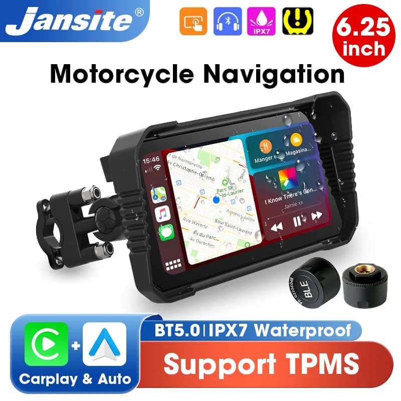 Schermo Carplay da 6,25 pollici per moto, navigatore GPS, DVR, doppia telecamera, registratore di guida, IPX7 impermeabile, monitor moto, supporto TPMS
