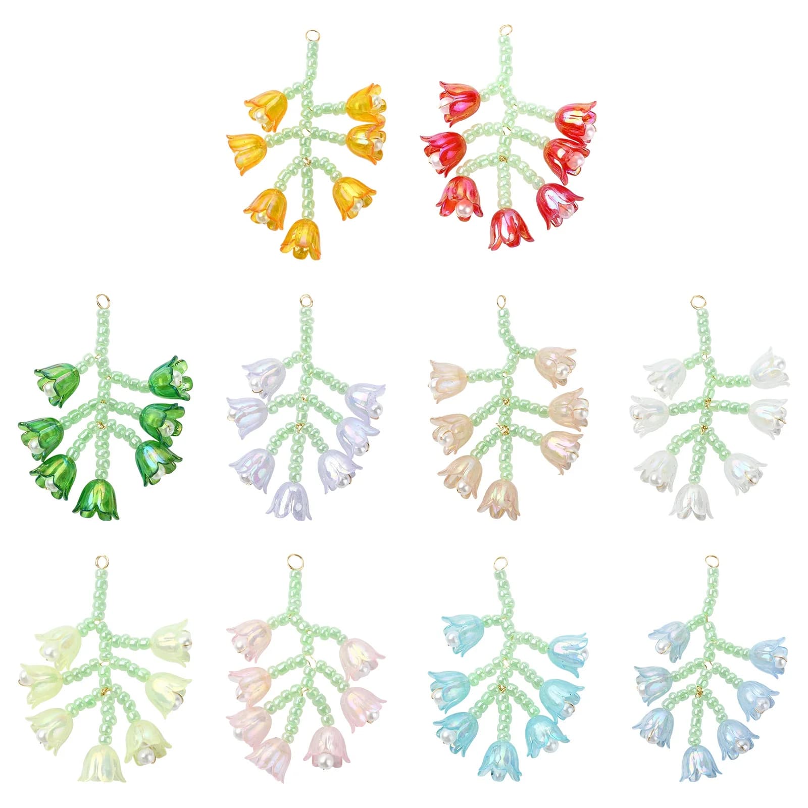 10 pendants with glass flower beads, colorful floral pendants with mughetto bell, for creating diy jewelry