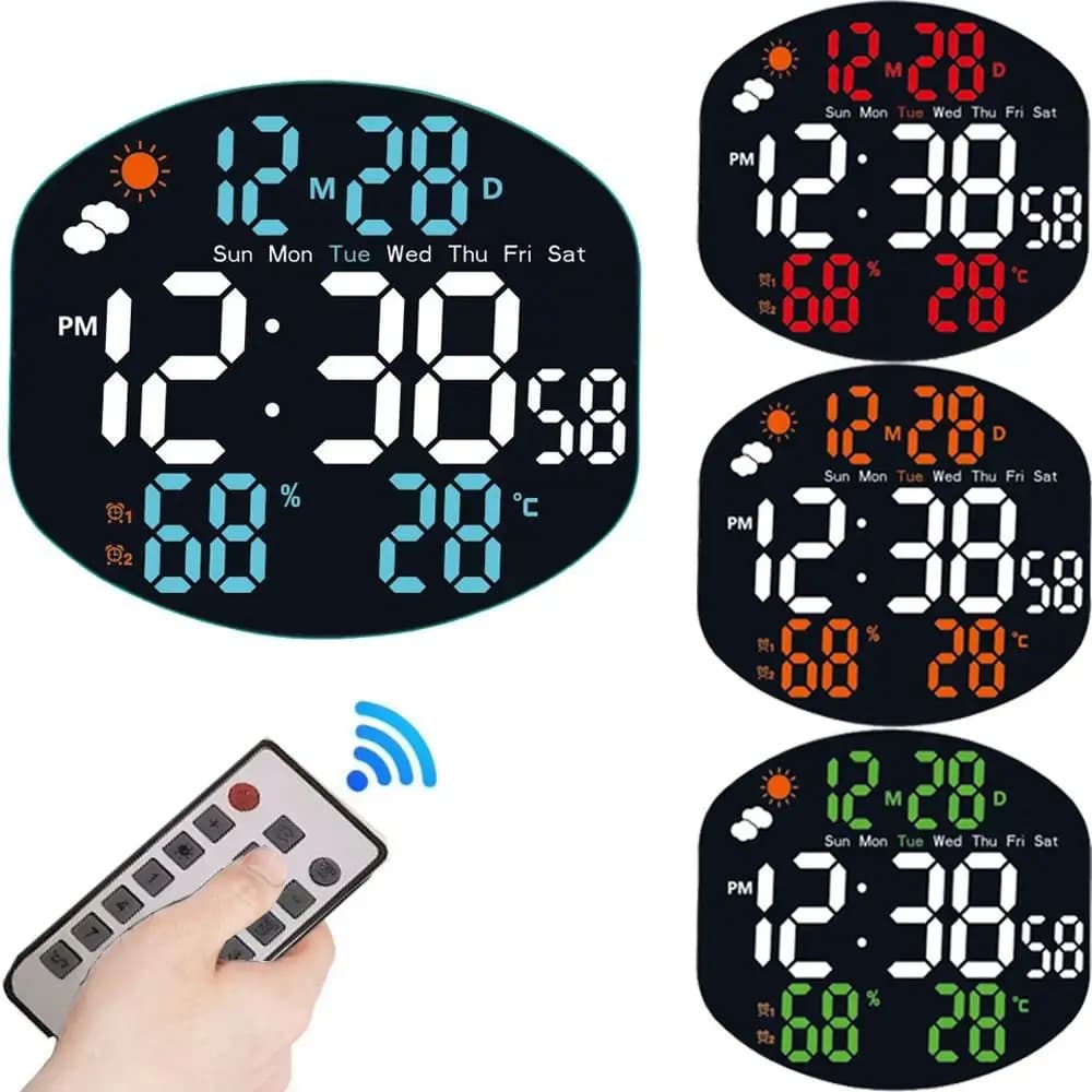Multifunctional digital watch with large display, remote control, automatic attenuation, electronic wall clock, set of two mirrored alarms