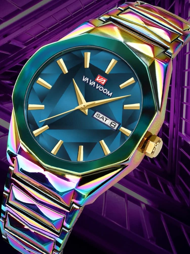 VAVAVOOM 2941 New color shaded steel strip men's double calendar quartz waterproof high-end watch with fashion sense changing color